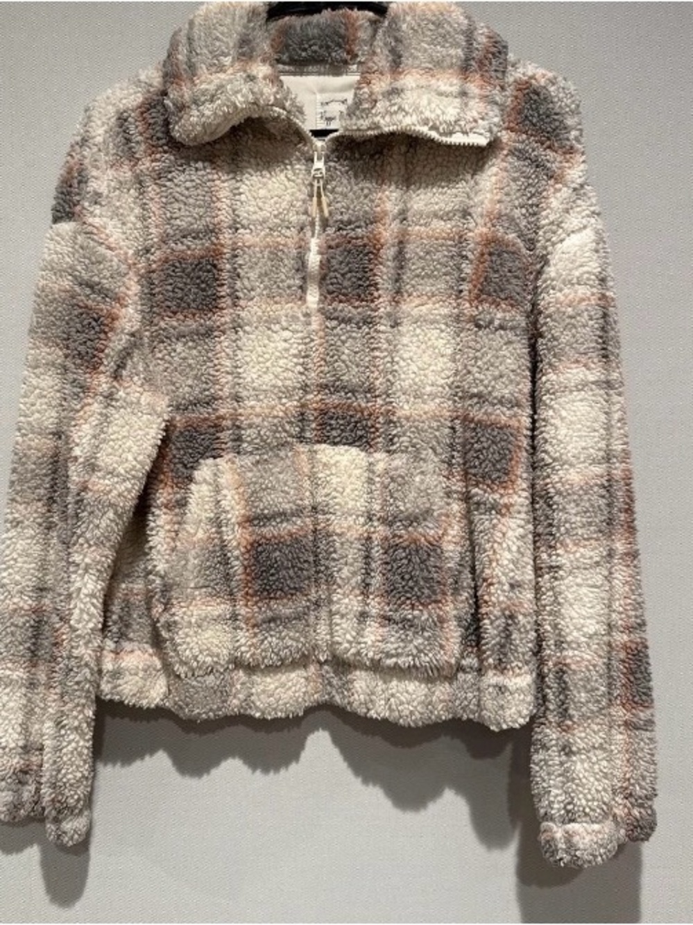 Hippie Rose Cream, Gray & Tan Plaid Sherpa Zip Jacket